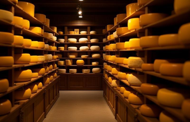 Interior view of De Kaaskamer cheese shop showing shelves of cheese