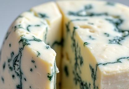 Crumbly blue veins of Roquefort cheese